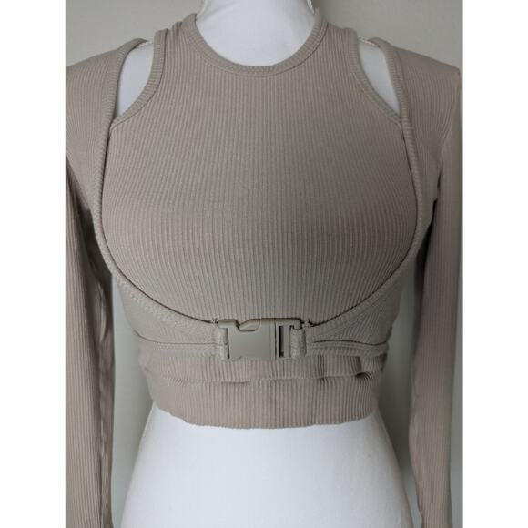 Cider Ribbed Buckle Long Sleeve Beige Crop Top Women Size M Avant Garde - Picture 3 of 11